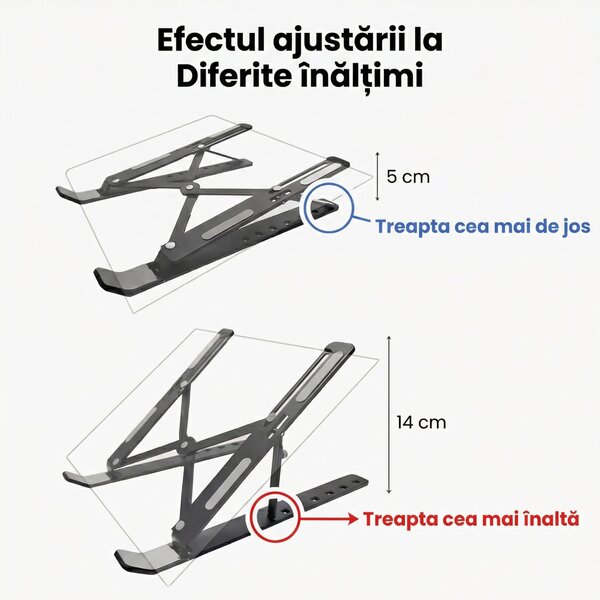 Suport pliabil pentru laptop, din aluminiu, cu înălțime reglabilă în trepte