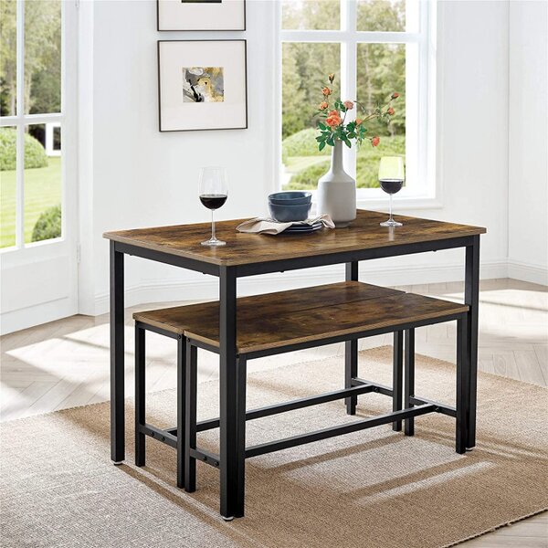 Set masa de dining si 2 banci Vasagle, Maro rustic, 110x70x75 cm