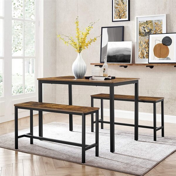 Set masa de dining si 2 banci Vasagle, Maro rustic, 110x70x75 cm