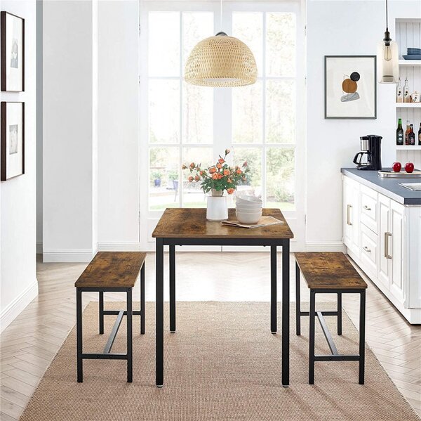 Set masa de dining si 2 banci Vasagle, Maro rustic, 110x70x75 cm