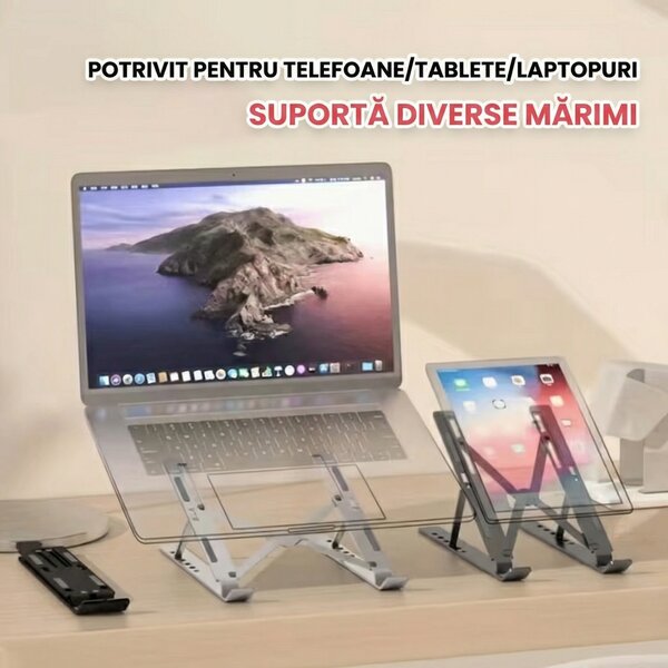 Suport pliabil pentru laptop, din aluminiu, cu înălțime reglabilă în trepte