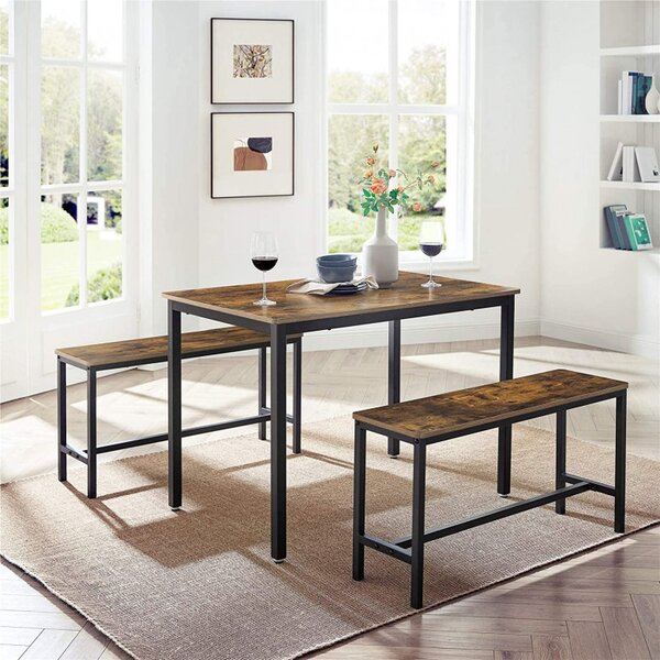 Set masa de dining si 2 banci Vasagle, Maro rustic, 110x70x75 cm