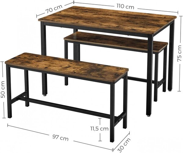 Set masa de dining si 2 banci Vasagle, Maro rustic, 110x70x75 cm