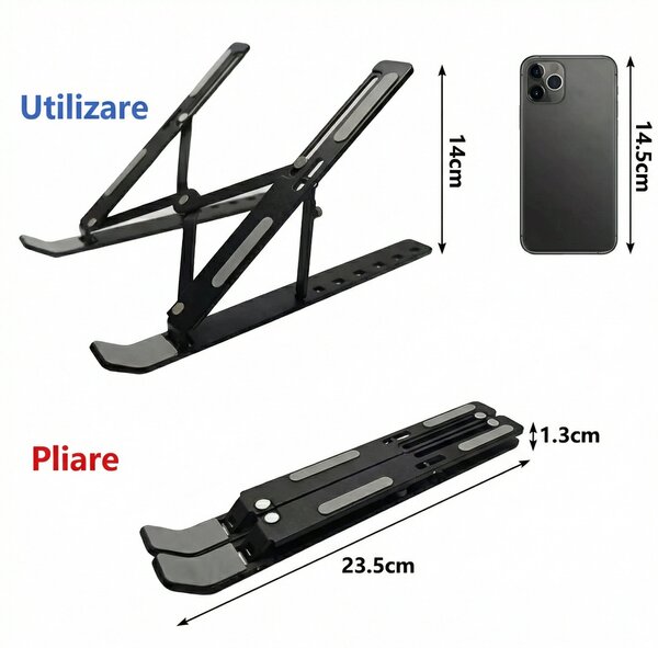 Suport pliabil pentru laptop, din aluminiu, cu înălțime reglabilă în trepte
