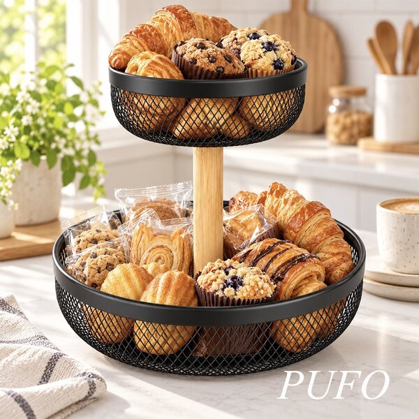 Fructieră metalica etajata cu 2 niveluri, 26 x 24.5 cm, cos multifunctional pentru fructe, legume, dulciuri si gustari, suport decorativ pentru bucatarie, blat, masa si organizare