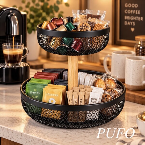 Fructieră metalica etajata cu 2 niveluri, 26 x 24.5 cm, cos multifunctional pentru fructe, legume, dulciuri si gustari, suport decorativ pentru bucatarie, blat, masa si organizare