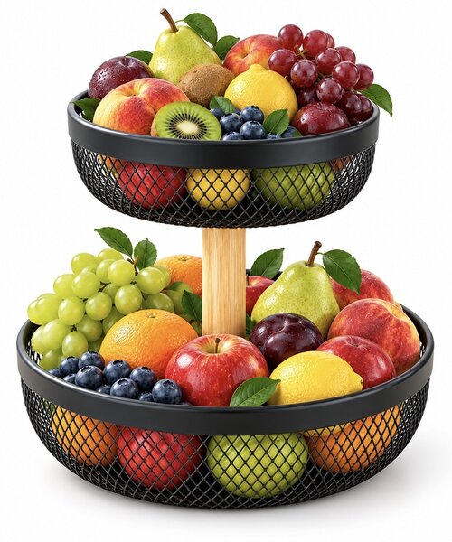 Fructieră metalica etajata cu 2 niveluri, 26 x 24.5 cm, cos multifunctional pentru fructe, legume, dulciuri si gustari, suport decorativ pentru bucatarie, blat, masa si organizare