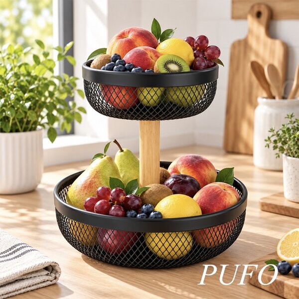 Fructieră metalica etajata cu 2 niveluri, 26 x 24.5 cm, cos multifunctional pentru fructe, legume, dulciuri si gustari, suport decorativ pentru bucatarie, blat, masa si organizare
