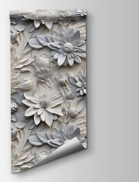 Fototapet Model de flori albe pe un perete, Fototapet flori 3D, Fototapet populare, u95589 - Tapeko.ro