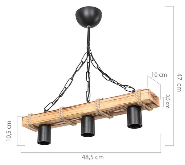 Lustra cu trei lumini PWL-1027, E27 natural-negru 48.5x10x47 cm