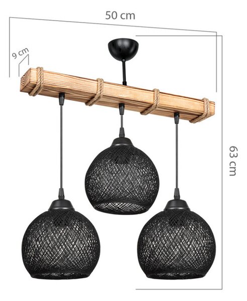 Lustra cu trei lumini PWL-1120, E27 negru-natural, 50x20x63 cm
