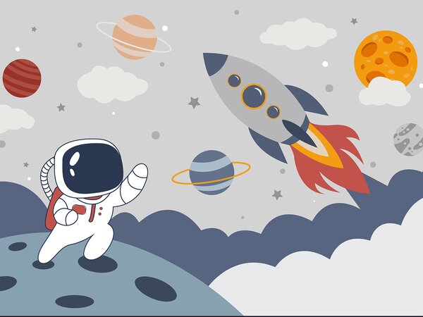 Fototapet Desen animat un astronaut care merge pe o planetă cu o rachetă pe cer, Fototapet copii, Fototapet populare, u95706 - Tapeko.ro