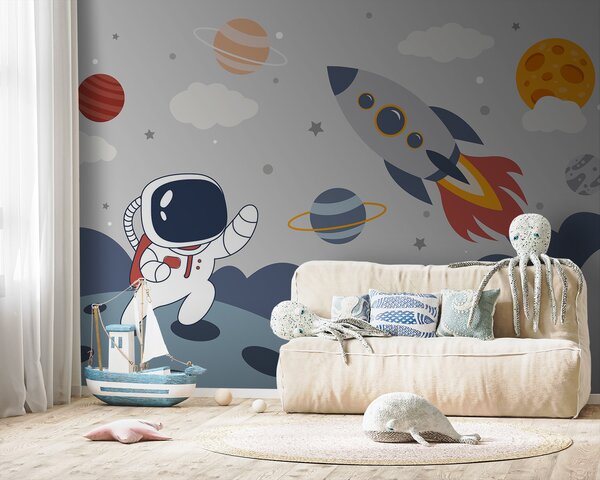 Fototapet Desen animat un astronaut care merge pe o planetă cu o rachetă pe cer, Fototapet copii, Fototapet populare, u95706 - Tapeko.ro
