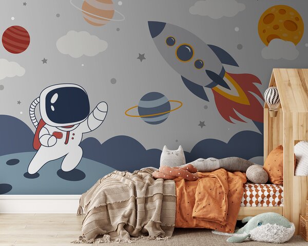 Fototapet Desen animat un astronaut care merge pe o planetă cu o rachetă pe cer, Fototapet copii, Fototapet populare, u95706 - Tapeko.ro