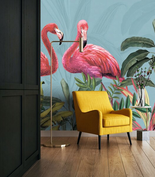 Fototapet Doi flamingo roz și frunze verzi, Fototapet animale, Fototapet populare, u95732 - Tapeko.ro