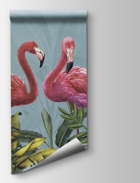 Fototapet Doi flamingo roz și frunze verzi, Fototapet animale, Fototapet populare, u95732 - Tapeko.ro