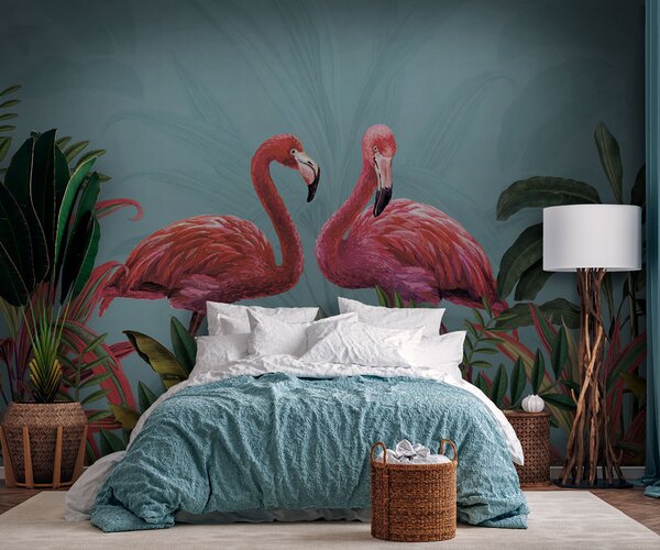 Fototapet Doi flamingo roz și frunze verzi, Fototapet animale, Fototapet populare, u95732 - Tapeko.ro