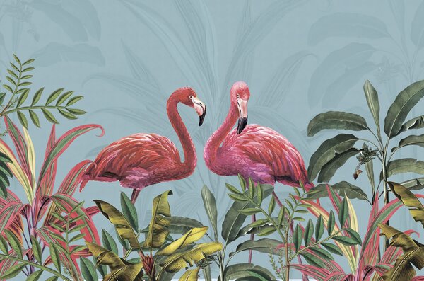 Fototapet Doi flamingo roz și frunze verzi, Fototapet animale, Fototapet populare, u95732 - Tapeko.ro