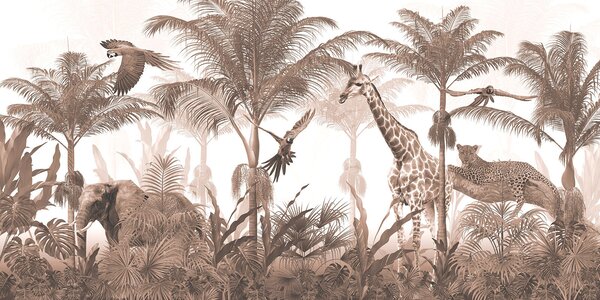 Fototapet Girafe și un papagal într-o pădure, Fototapet jungle, Fototapet populare, u95906 - Tapeko.ro