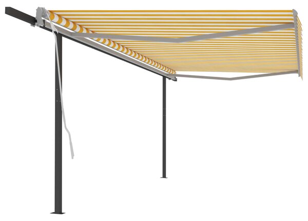 Copertină retractabilă manual, cu stâlpi, galben & alb, 5x3 m