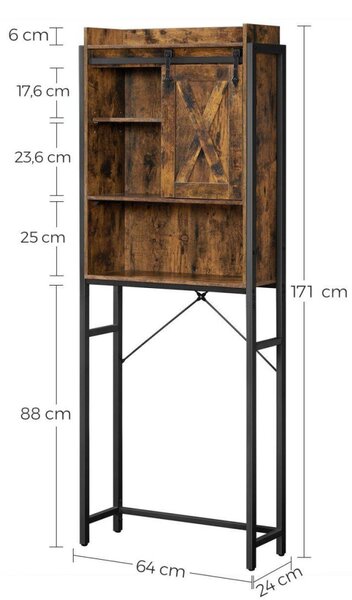 Mosógép feletti tárolószekrény, fürdőszoba szekrény, rusztikus barna 64x24x171cm