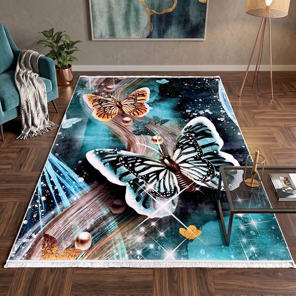 Covor camera antiderapant, Model Fluturi Turcoaz, 120x180 cm, CCA222