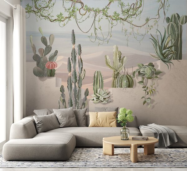 Fototapet Perete mural de cactuși și plante suculente, Fototapet 3D, Fototapet populare, u96445 - Tapeko.ro