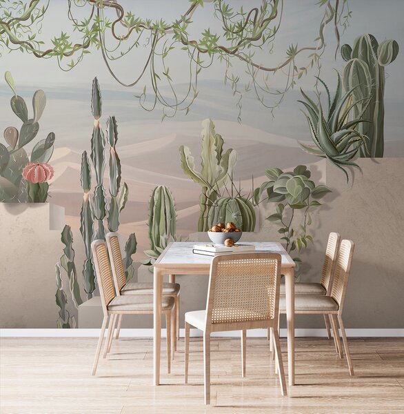 Fototapet Perete mural de cactuși și plante suculente, Fototapet 3D, Fototapet populare, u96445 - Tapeko.ro