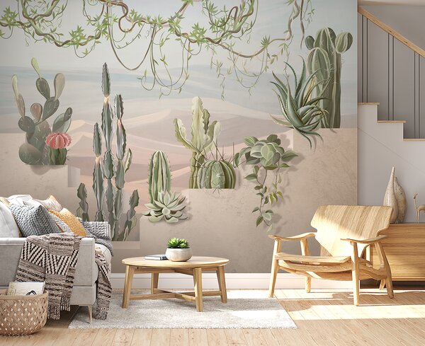 Fototapet Perete mural de cactuși și plante suculente, Fototapet 3D, Fototapet populare, u96445 - Tapeko.ro