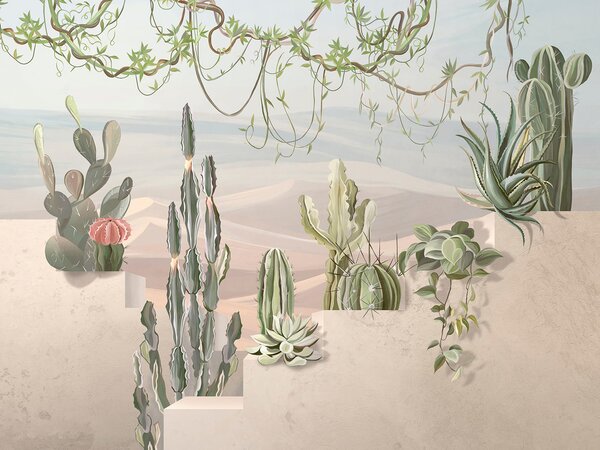 Fototapet Perete mural de cactuși și plante suculente, Fototapet 3D, Fototapet populare, u96445 - Tapeko.ro