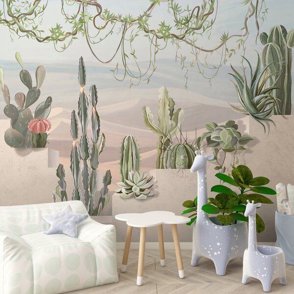 Fototapet Perete mural de cactuși și plante suculente, Fototapet 3D, Fototapet populare, u96445 - Tapeko.ro