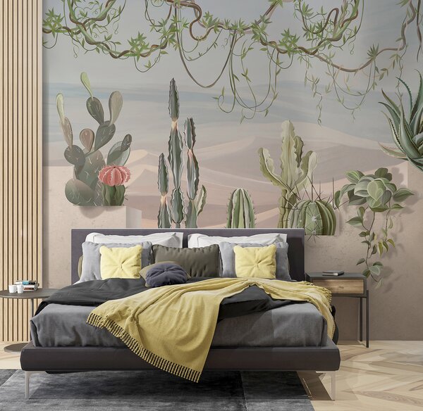Fototapet Perete mural de cactuși și plante suculente, Fototapet 3D, Fototapet populare, u96445 - Tapeko.ro