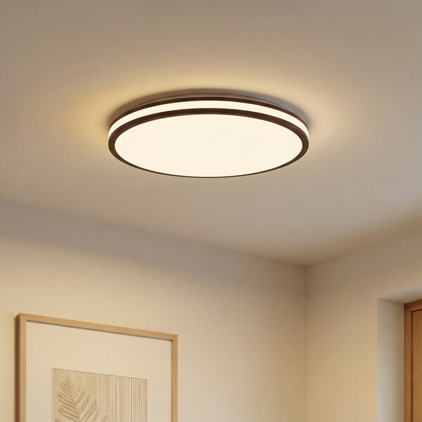 Lindby Plafonieră LED Emiva, Ø 50 cm, lemn închis la culoare, CCT, reglabil, Lemn, Camera de zi / sufragerie, Lemn, Modern