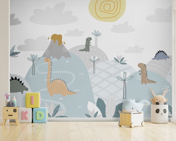 Fototapet Desen animat de dinozauri pe un deal, Fototapet copii, Fototapet populare, u96460 - Tapeko.ro
