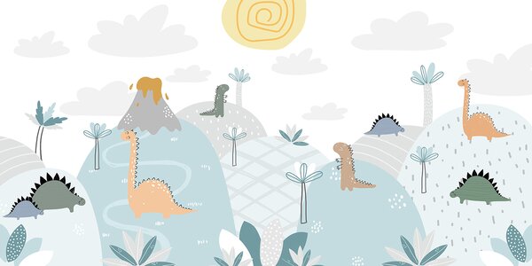 Fototapet Desen animat de dinozauri pe un deal, Fototapet copii, Fototapet populare, u96460 - Tapeko.ro