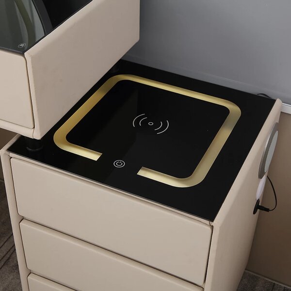 Set ISIDORE, Masă de toaletă pentru machiaj, incarcare Wireless+USB, oglindă iluminată LED, control touch, trei tipuri culoare, 6 sertare, comodă iluminata LED, difuzor Bluetooth, scaun, 80 cm