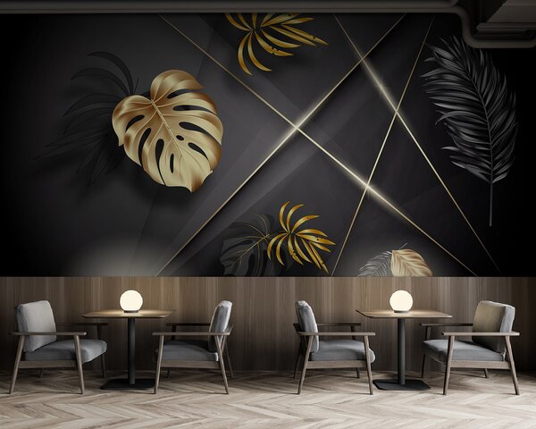 Fototapet Frunze metalice elegante pe fundal întunecat, Fototapet geometric 3D, Fototapet populare, u96822 - Tapeko.ro