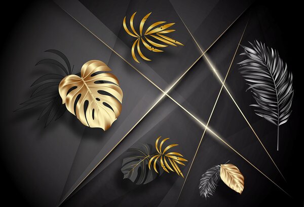 Fototapet Frunze metalice elegante pe fundal întunecat, Fototapet geometric 3D, Fototapet populare, u96822 - Tapeko.ro