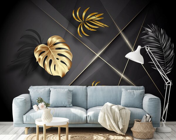 Fototapet Frunze metalice elegante pe fundal întunecat, Fototapet geometric 3D, Fototapet populare, u96822 - Tapeko.ro