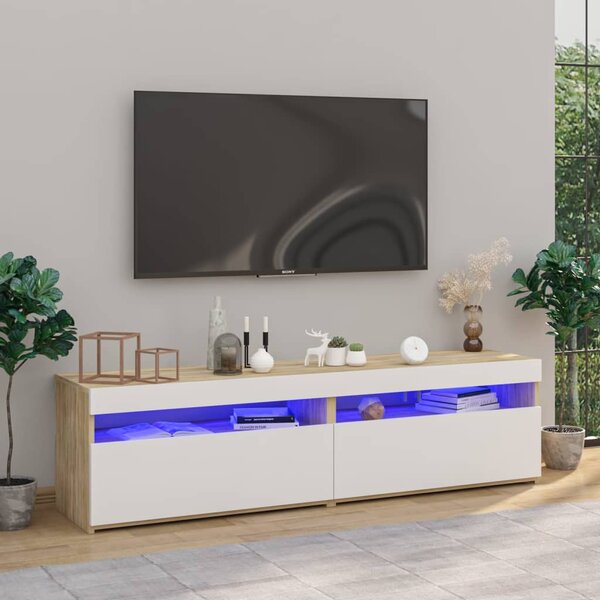 Comode TV cu lumini LED,2 buc.,alb & stejar Sonoma, 75x35x40 cm