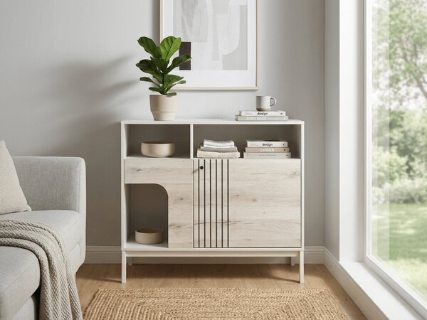 OFERTA Comoda FROST 100x90 cm alba, decor stejar alpin calitatea II