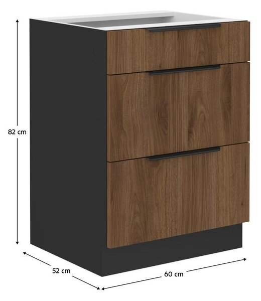 Dulap inferior de bucătărie Monzesa 60 D 3S BB (nuc okapi + negru) . 1096937