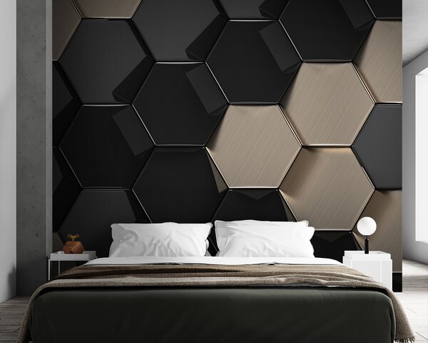 Fototapet Model hexagonal în negru și bej, Fototapet geometric 3D, Fototapet populare, u97138 - Tapeko.ro