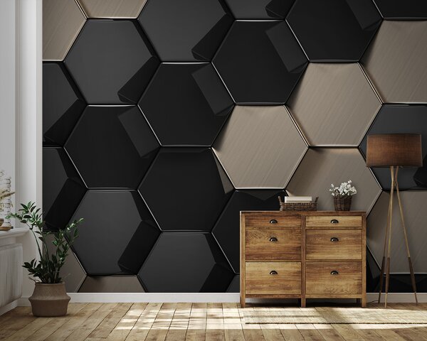 Fototapet Model hexagonal în negru și bej, Fototapet geometric 3D, Fototapet populare, u97138 - Tapeko.ro