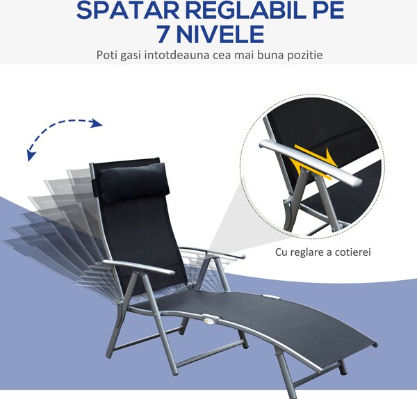 Outsunny Șezlong de Grădină Pliabil cu Pernă și Spătar cu 7 Poziții de Înclinare, 137x63.5x100.5 cm, Negru | Aosom Romania