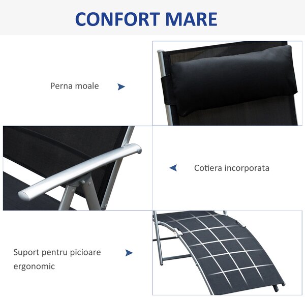 Outsunny Șezlong de Grădină Pliabil cu Pernă și Spătar cu 7 Poziții de Înclinare, 137x63.5x100.5 cm, Negru | Aosom Romania
