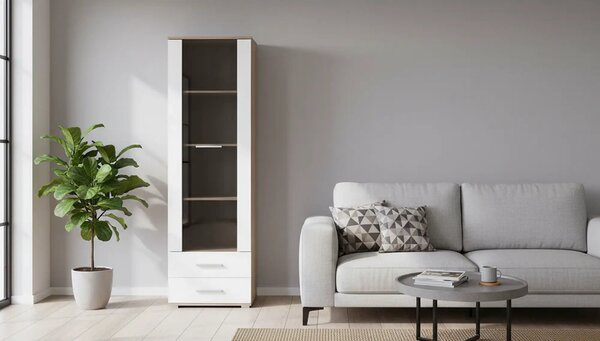 Vitrina LIMA, alb/stejar sonoma, PAL/sticla, 60x40x200 cm