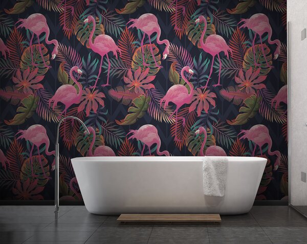 Fototapet Un model de flamingo roz și frunze, Fototapet animale, Fototapet populare, u73089 - Tapeko.ro