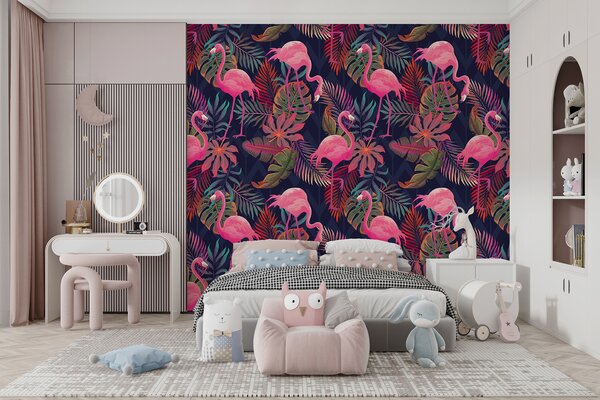 Fototapet Un model de flamingo roz și frunze, Fototapet animale, Fototapet populare, u73089 - Tapeko.ro