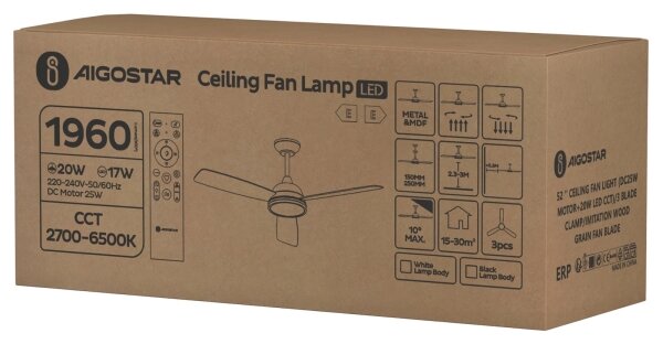 Ventilator LED dimabil Aigostar 20W/230V 2700-6500K 132 cm alb/bej + telecomandă